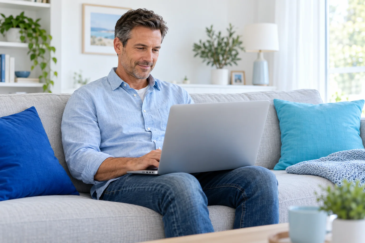 A man relaxing on his couch, working on his laptop
