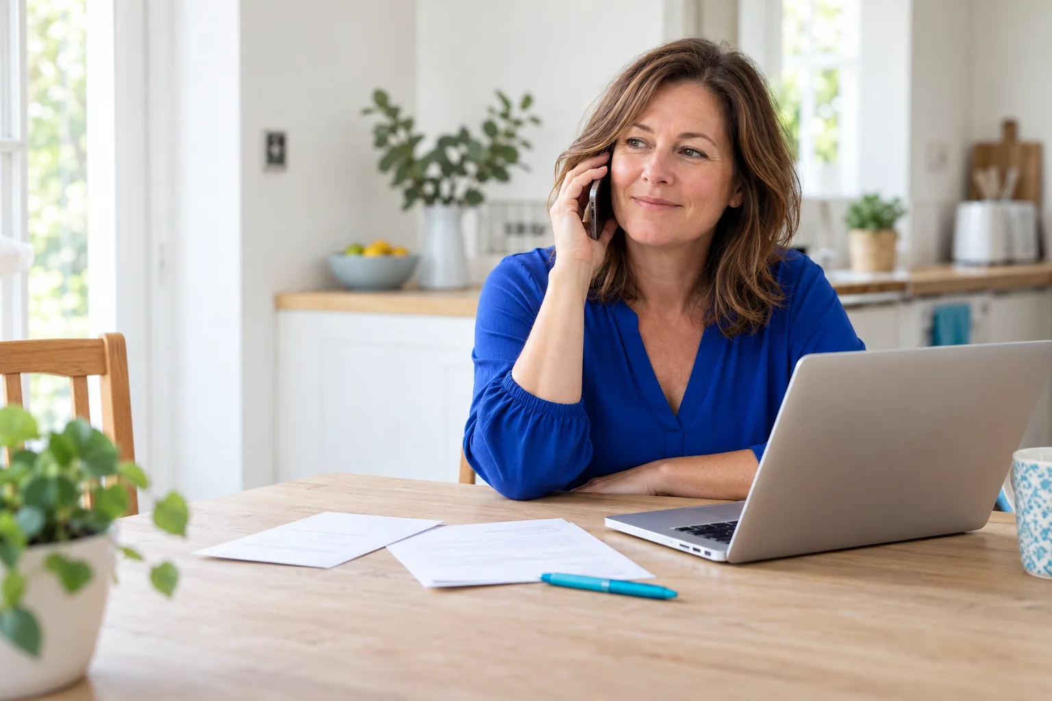 A woman at her kitchen table, on the phone and smiling with relief